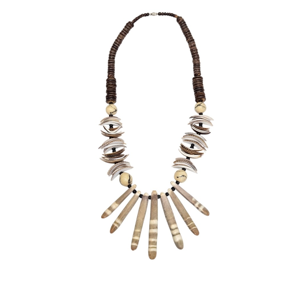 Sea‎ Urchin Spine Statement Necklace Shell Beaded Boho Tribal 24 3/4"